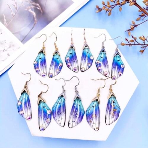 Minar Fantasy Blue Gradient Rhinestone Cicada Wings Earrings Cute Clear Butterfly Shiny Sequined Long Dangle Earrings for Women
