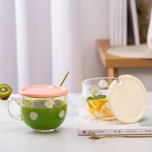 450ml Small Daisy Breakfast Cup Fresh Creative Flower Glass Milk Juice Glass Cup Heat Resistant Tea Cups Home Office Drinkware