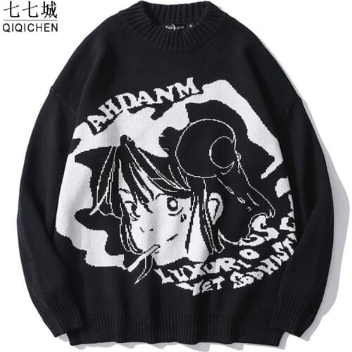 Anime Girl Sweater Men Women Hip Hop Streetwear Knitted Sweaters Vintage Japanese Harajuku Pullover Spring Autumn Tops Black