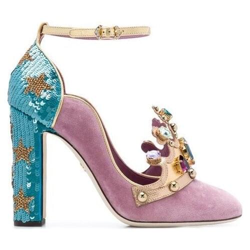 Moraima Snc Round Toe Thick Heels Woman Shoes Suede Patchwork Ankle Strap Wedding Heels Glitter Diamonds Embellished Pumps