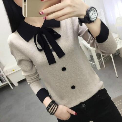 Sweater Womens Autumn And Winter 2021 New Bow Tie Lace Long-Sleeve Pullover Knitted Loose Bottoming Shirt Clothes Female