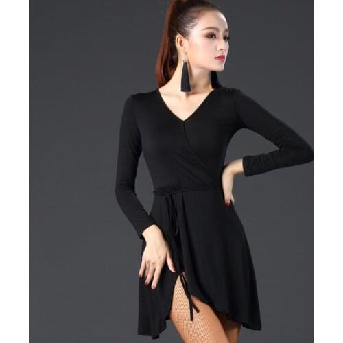 Women Latin Dance Dress Black Long Sleeve Split Dress New Practice Clothes Latin Cha Cha Rumba Samba Performance Wear SL1870