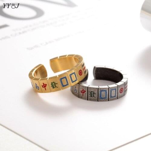 Gold Chinese enamel mahjong open band ring for men women stainless steel funny cool creative ethnic stackable ring punk