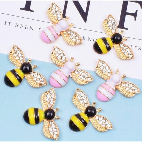 10 Pcs/Lot New Golden Alloy Small Bee Pendant Rhinestone Insects Buttons Buckles Pin For Clothing DIY Bag Shoes Aceessories