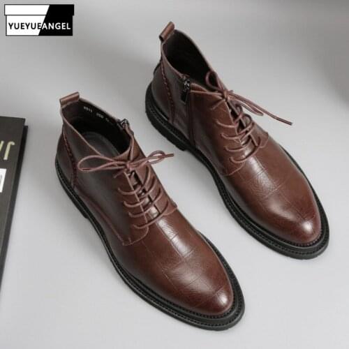 Winter Formal Men Fleece Lining Ankle Boots Business Work Genuine Leather Shoes Lace Up Office High Top Pointed Toe Safety Shoes