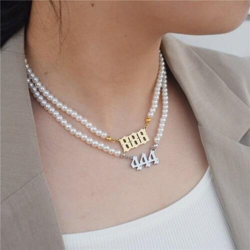 111 222 444 777 999 Angel Number Imitation Pearl Chain Necklace For Women Birth Year Number Necklace Gold Charm Pendant