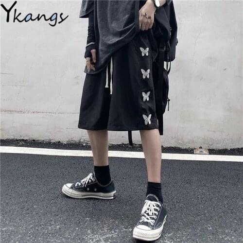 Women Gothic Harajuku Butterfly Print Summer Shorts Vintage Streetwear Baggy Elastic High Waist Black Vintage Wide Leg Shorts