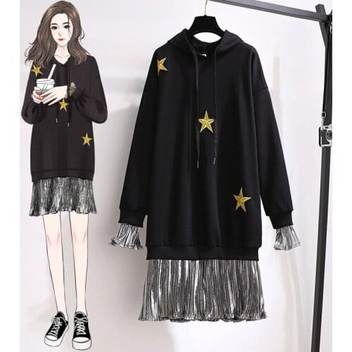 EHQAXIN Plus Size Womens Hooded Dresses 2021 Autumn New Straight Ruffle Loose Stitching Star Long Sleeve Dress Ladies L-4XL