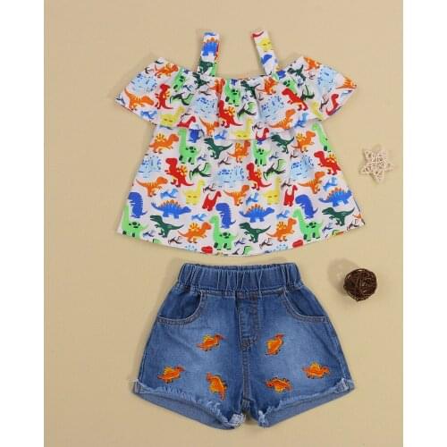 FOCUSNORM 1-6Y Summer Infant Kids Girls Clothes Sets 2pcs Dinosaur Printed Off Shoulder T Shirts Tops Denim Shorts