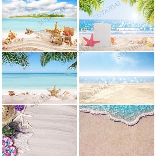 Summer Tropical Sea Beach Sand Starfish Shell Coral Palms Tree Child Holiday Photo Background Photography Backdrop Photo Studio