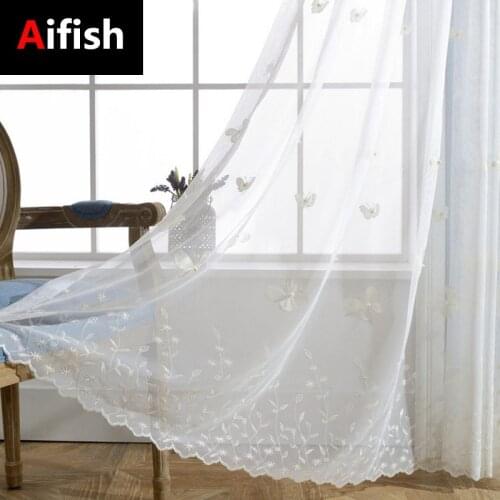 Korean High-Grade Pearl Butterfly Embroidered Tulle Curtains Living Room Bedroom Balcony Window Screen Curtains wp224T4