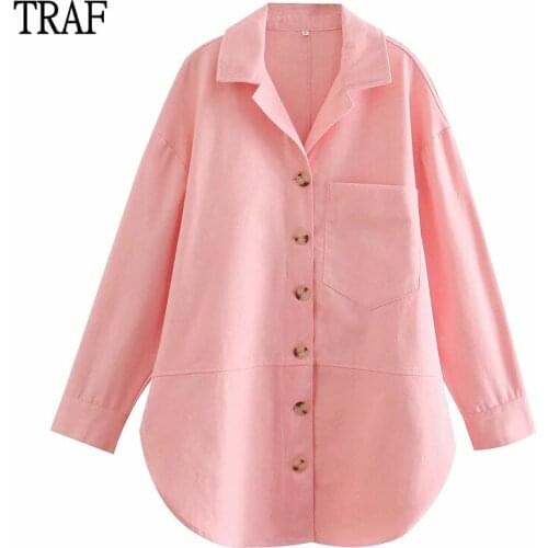 TRAF Za Woman Jacket 2021 Fall Vintage Pinks Shirt Women Long Sleeve Top Loose Plus Size Women Clothing Casual Coat Female Shirt