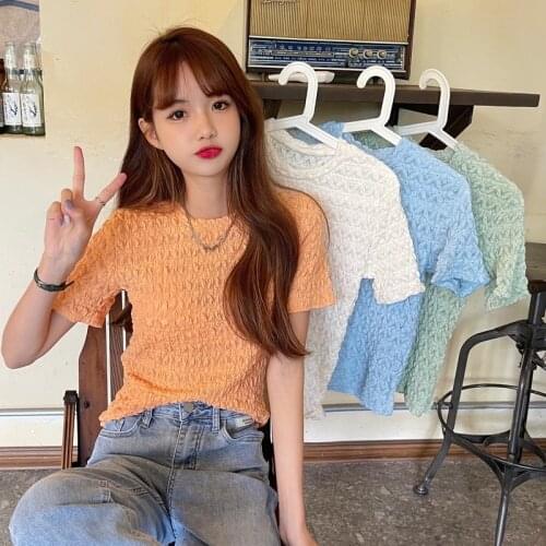 Summer Round Neck Pullover Short-sleeved Lace Bottoming Shirt 2021 New Korean Candy Color Pleated Shirt Fashion Top