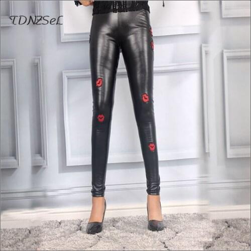 Fashion Embroidery PU Stretch Legging Thicken Women Cute Printing Pencil Pants High Waist Lady Warm Slim Faux Leather Trousers
