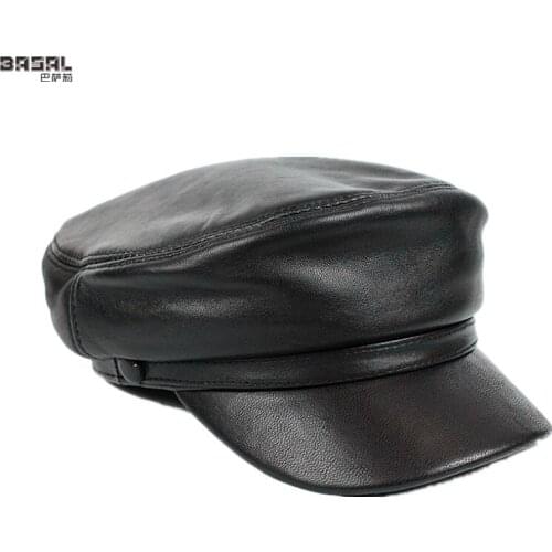 New Men Black 100% Real Sheepskin Leather Berets Navy Hat