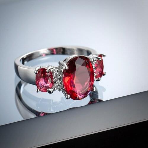 Womens Jewelry 925 Silver Rings Pomegranate Red Zircon Oval Wedding Ring