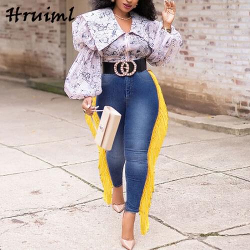 Plus Size Pants Streetwear Denim Slim Fit Trousers Skinny Fashion Placket with Zipper Button Casual Tassel Pantalones De Mujer