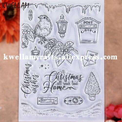Merry Christmas Wishes Tree Bird Postbox Snow Mountain Icicle Scrapbook photo cards rubber stamp clear stamp transparent stamp