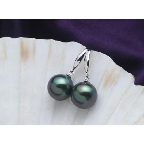 10mm 12mm 14mm 16mm women Jewelry Earring bright dark green round bead natural South Sea shell pearl dangle hook Earring