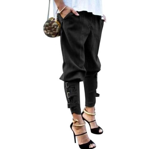 60%HOT Solid Color Buckle Straps Long Harem Pants Casual Women Loose Pocket Trousers