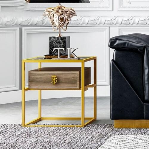 Modern Light Luxury Simple Small Coffee Table Sofa Side Table Drawer Brass Metal Marble Corner Table