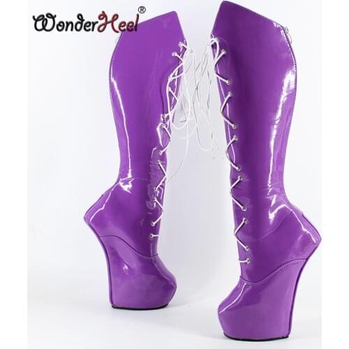 Wonderheel Knee High Laceup Extreme high 8" heel 6cm phatform Fetish Heelless Horse Ponying Stallion Hoof Sole blue boots