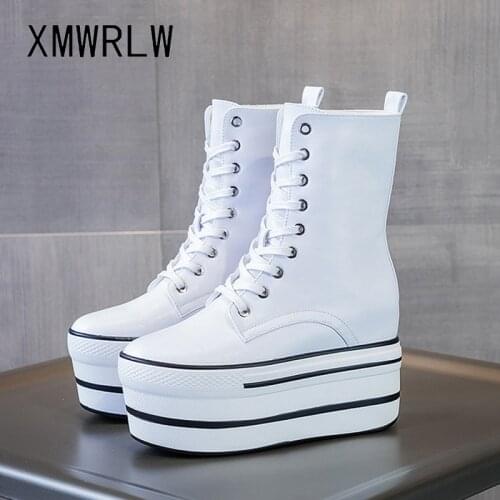 XMWRLW Womens Platform Boots Split Leather Fashion Thick Sole Women Mid-Calf Boot Hidden Heels Platform Shoes Autumn Woman Boot