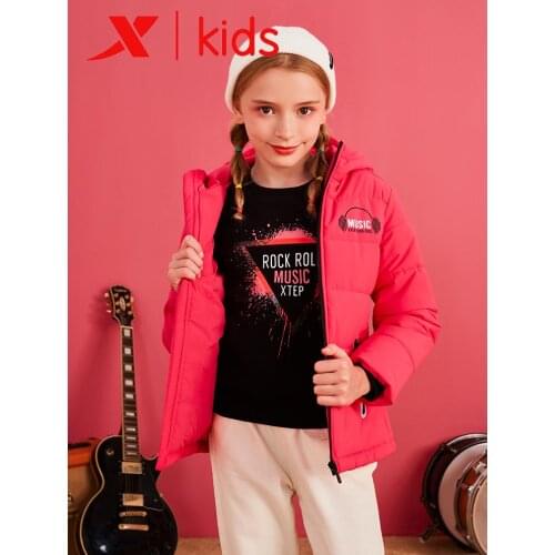 Xtep Girls Fashion Hooded Down Jackets Kids Casual Solid Color Zipper Warm Coats Children Thicken Coats 682424189047