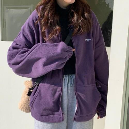 Women Jackets Zipper Pocket Coat Letter Printed Long Sleeve Loose Lapel Jackets Velvet Casual Autumn Winter Street Sweatshirts