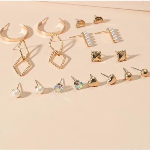 9Pcs Womens Earrings Korean Stud Earrings for Women Vintage Pearl Geometry Moon Earring Set 2021 Trend Earings Female Jewelry