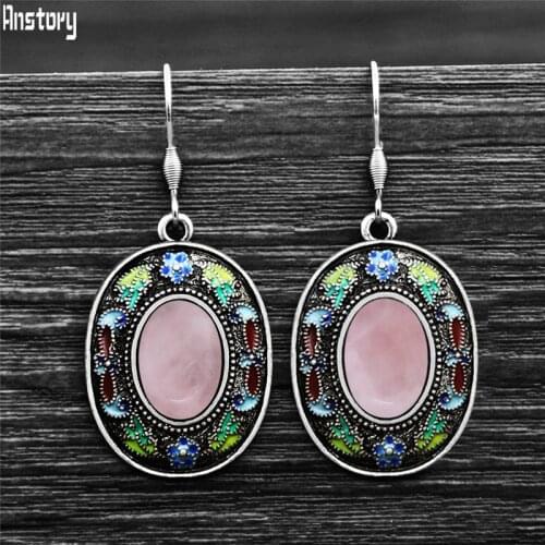 Vintage Oval Quartz Lapis Earrings For Women Bohemia Painting Craft Flower Plant Natural Stone Stainless Steel Hook Earring