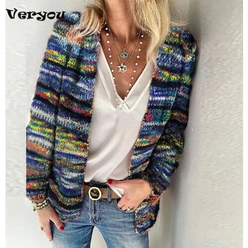 2021 Autumn Winter Women Cardigan Warm Long Sleeve Casual Striped Outerwear Womens Multicolor Open Front Knit Sweaters