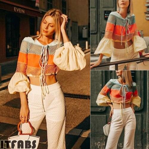 New Summer Womens New Mesh Color Matching Patchwork Lace-Up Bell Sleeves Hollow Out Tops Hot
