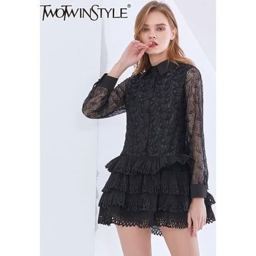 TWOTWINSTYLE White Dress For Women Lapel Long Sleeve High Waist Patchwork Ruffles Mini Dresses Female 2021 Autumn Clothing