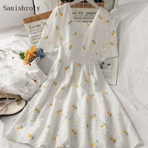 Floral Embroidery Women Dress Sweet Square Collar Hollow Out Summer Dress Female Short Sleeve High Waist A Line Long Vestidos