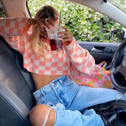 2021 Fashion Sweet Casual Plaid Patchwork Sweaters Women Long Sleeve Crew Neck Loose Pullover Knit Tops Girl Crop Top Knitwear