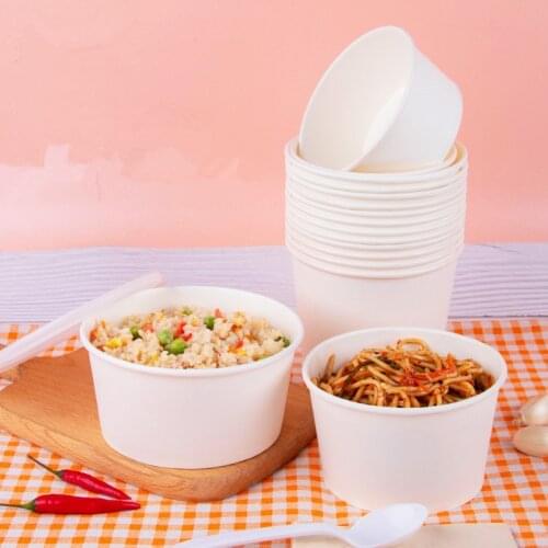 50pcs/pack Large Capacity White Paper Bowl Fast Food Storage Disposable Food Package Plastic Lid