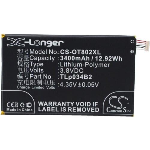 CS 3400mAh/12.92Wh battery for Alcatel A995L, Hero N3,One Touch 8020,One Touch Hero,OT-7050,7050Y,TLp034B1,TLp034B2