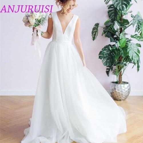 ANJURUISI 2020 Vintage Princess Simple A-line Spaghetti Wedding Dresses Bridal Dress Gown Tulle vestido de noiva Backless