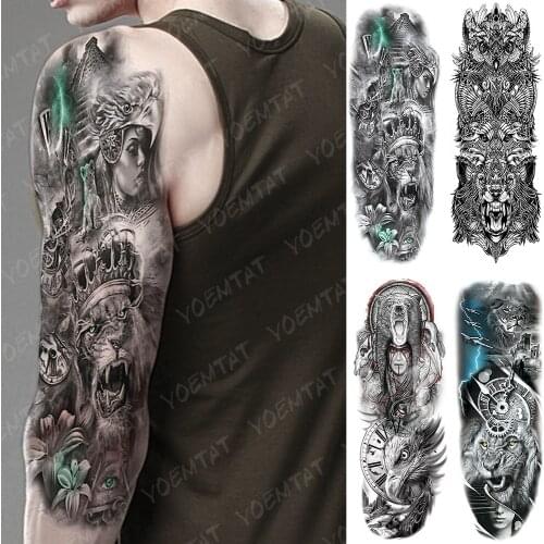 Large Arm Sleeve Tattoo King Crown Lion Totem Waterproof Temporary Tatto Sticker Hero Eagle Bear Body Art Full Fake Tatoo