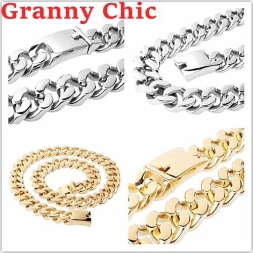 Granny Chic Mens Chain 316L Stainless Steel Necklace for Women Men Silver Gold Curb Cuban Link Hiphop Jewelry