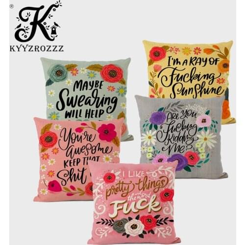 Bright Flower Words Text Printing Cushion Cover Fun Swearing Beautiful Flower Letters Hotel Furniture Decoration Art Pillowcase