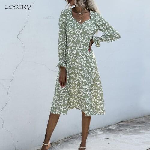 Long Dress Autumn Winter Elegant Ladies Floral Flower Print Long Sleeve Green Slim Fitted Clothes 2020 Trendy Dresses For Women