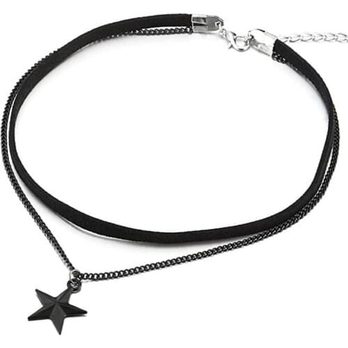 Ladies Womens Two-Rows Black Choker Necklace with Black Chain and Pentagram Star Charm Pendant Multilayer Collar Necklace