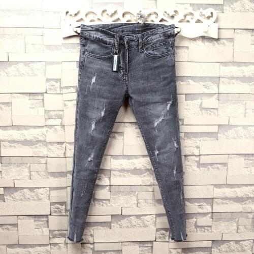 Smoky gray jeans mens slim small trousers gray spring new products scratched thin personality teen pencil jeans men