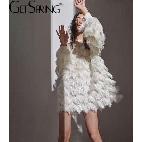 Getspring Women Dress Lantern Sleeve Tassel Patchwork White Party Dresses Long Sleeve Retro Spring/Autumn Dresses 2021 Fashion