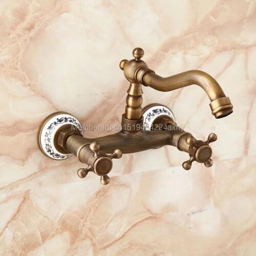 GIZERO Hot and Cold Water Faucet Antique Bronze Wall Mounted with Swivel Spout Porcelain Base Dual Handle Control GI105