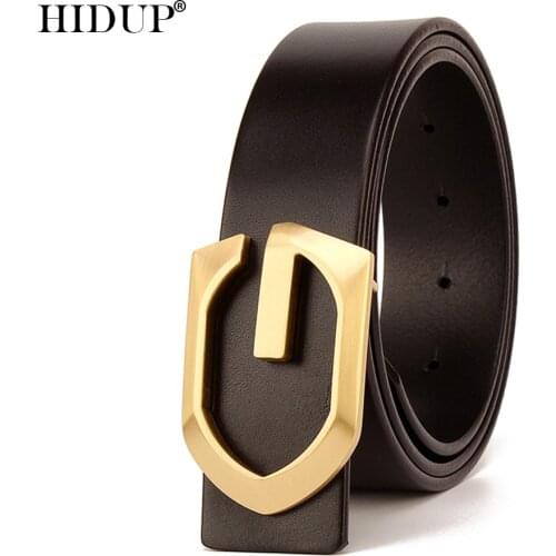 HIDUP Design Top Quality Solid Cow Leather Solid Brass Letther Buckle Metal Belts Men Black 3.8cm Width Jeans Accessories NWJ870
