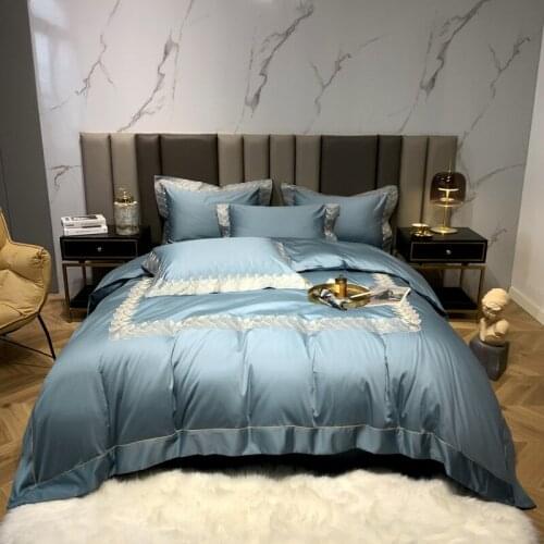 Luxury Blue Egyptian Cotton Bedding Set Embroidery Bed Linens Flat Sheet Set Bedspread Queen/King Size Bed Cover 4pcs