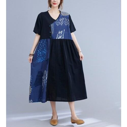Fashion Chinese style A-line dress cotton linen ladies dress Womens dresses Causal loose long dress